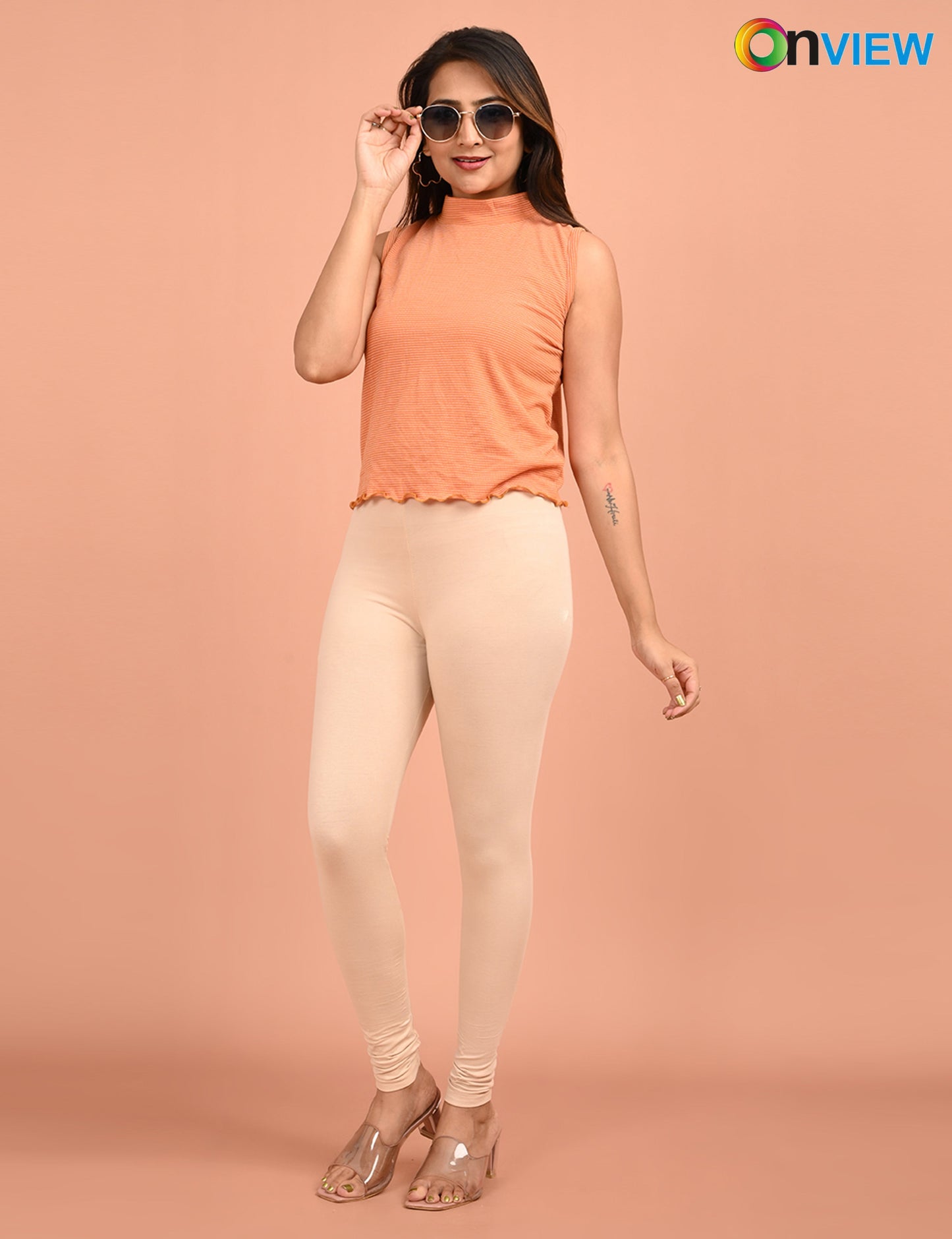 ONVIEW | 050 | Cream Cotton Lycra Ankle Length Legging 220gsm